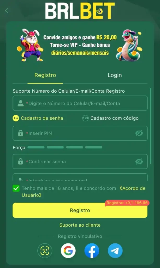 Tela de registro no BRLBET cassino.